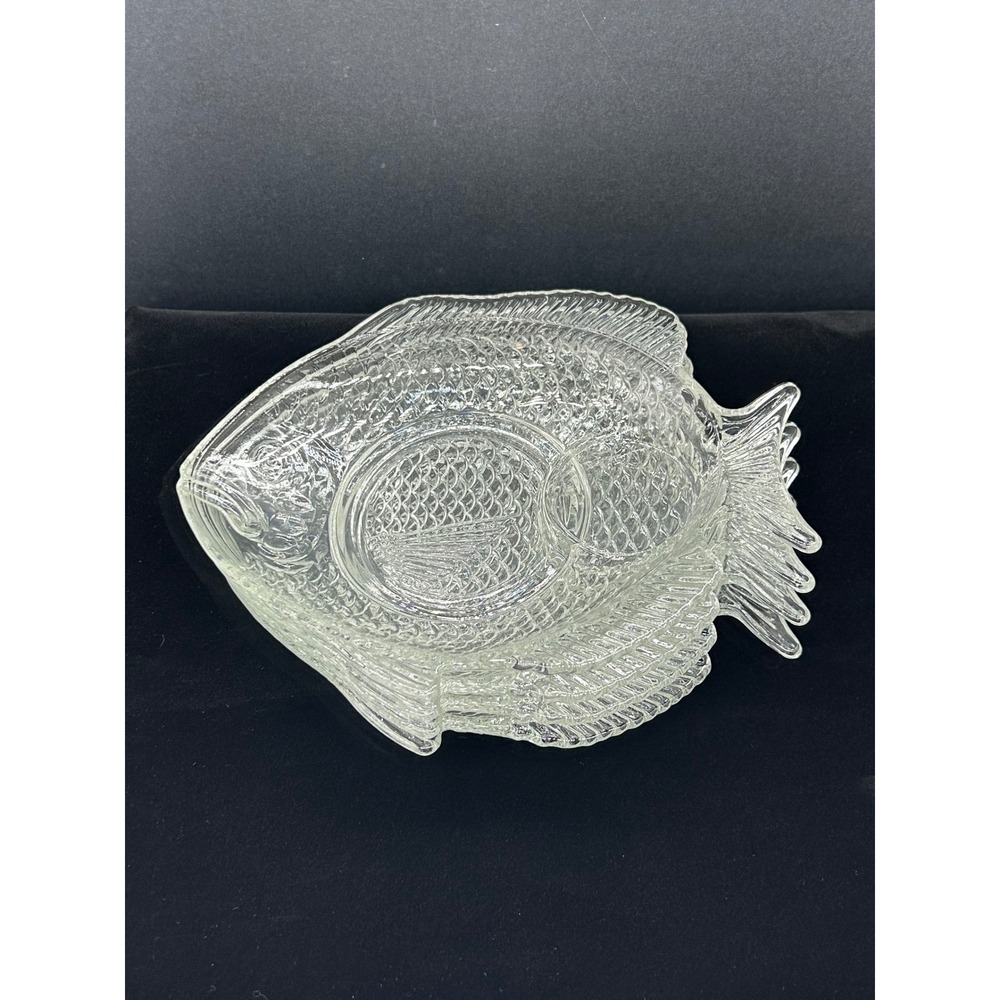 Set 4 Vintage Clear Glass Fish Shaped Appetizer Plates Embossed Scales Dipping